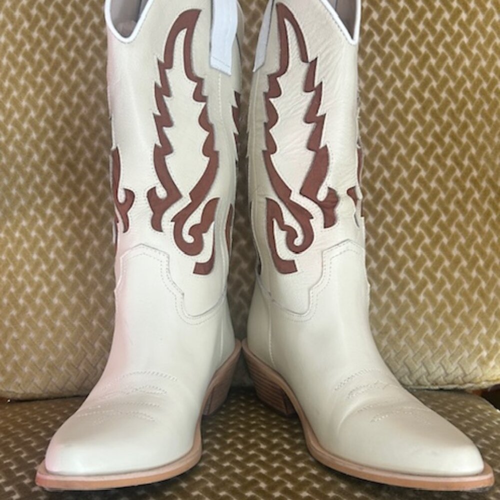 Free People Mutma Colorado Springs Ivory Leather Brown Suede Cowboy Boots - Picture 1 of 16
